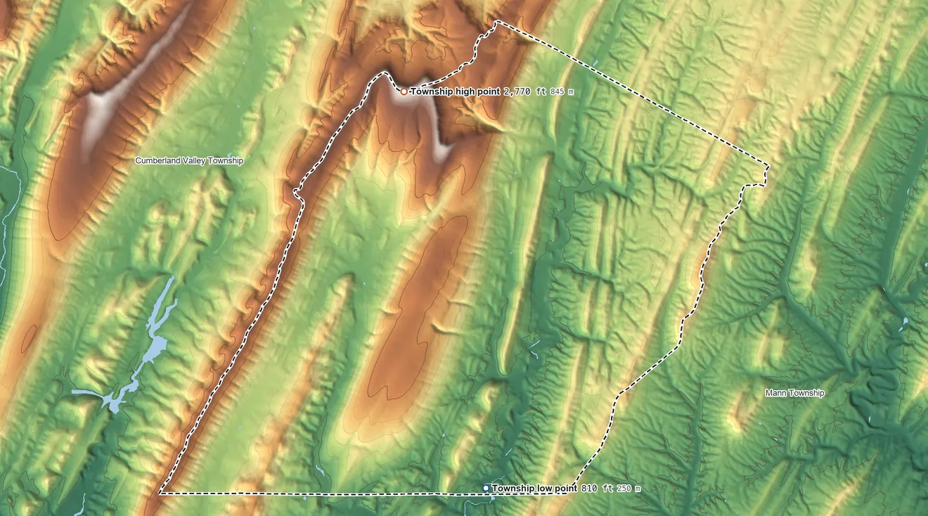 Topographic elevation map of Southampton Township, Bedford County, Pennsylvania, shaded from 810 ft on the southeast side to 2,770 ft on Martin Hill