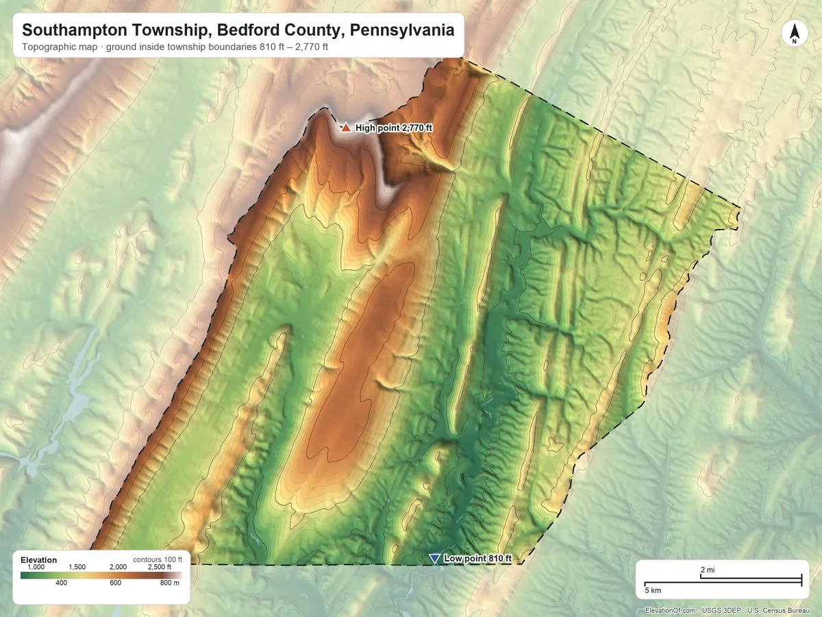 Topographic elevation map of Southampton Township, Bedford County, Pennsylvania, shaded from 810 ft on the southeast side to 2,770 ft on Martin Hill