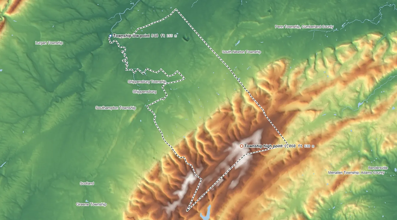 Topographic elevation map of Southampton Township, Cumberland County, Pennsylvania, shaded from 540 ft on the northwest side to 2,060 ft on the southeast side