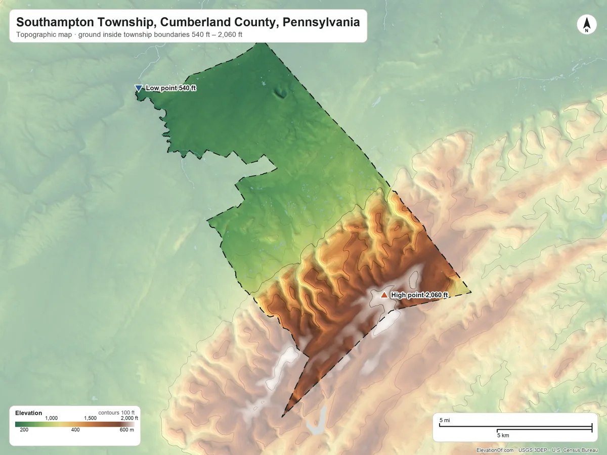Topographic elevation map of Southampton Township, Cumberland County, Pennsylvania, shaded from 540 ft on the northwest side to 2,060 ft on the southeast side