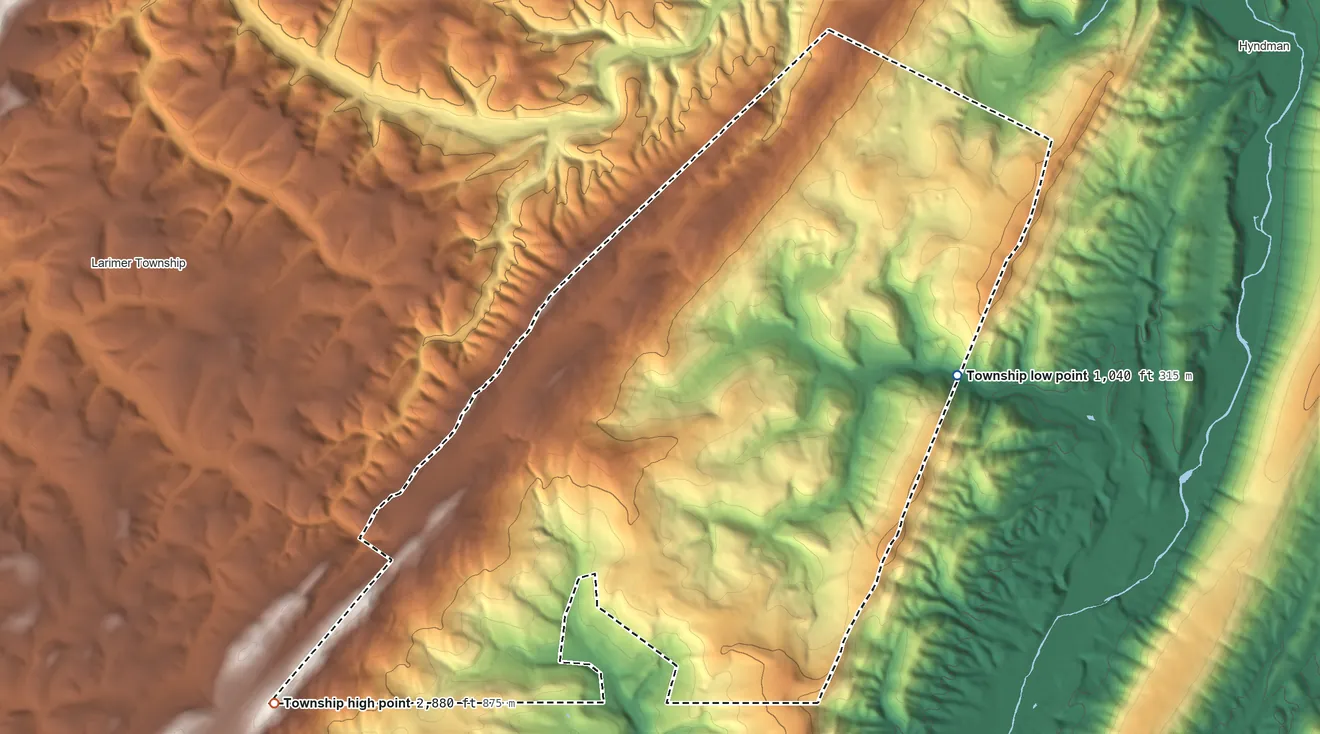 Topographic elevation map of Southampton Township, Somerset County, Pennsylvania, shaded from 1,040 ft on the east side to 2,880 ft on the southwest side