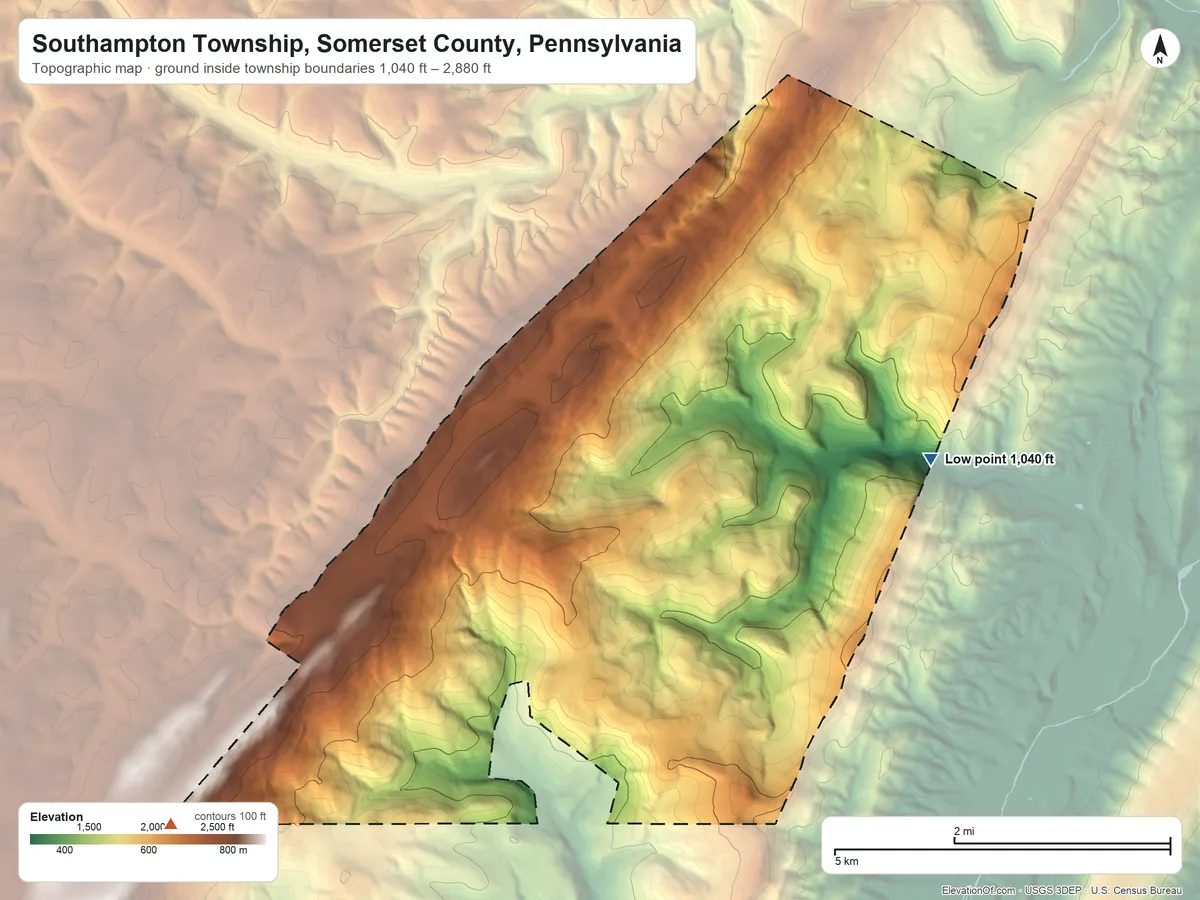 Topographic elevation map of Southampton Township, Somerset County, Pennsylvania, shaded from 1,040 ft on the east side to 2,880 ft on the southwest side