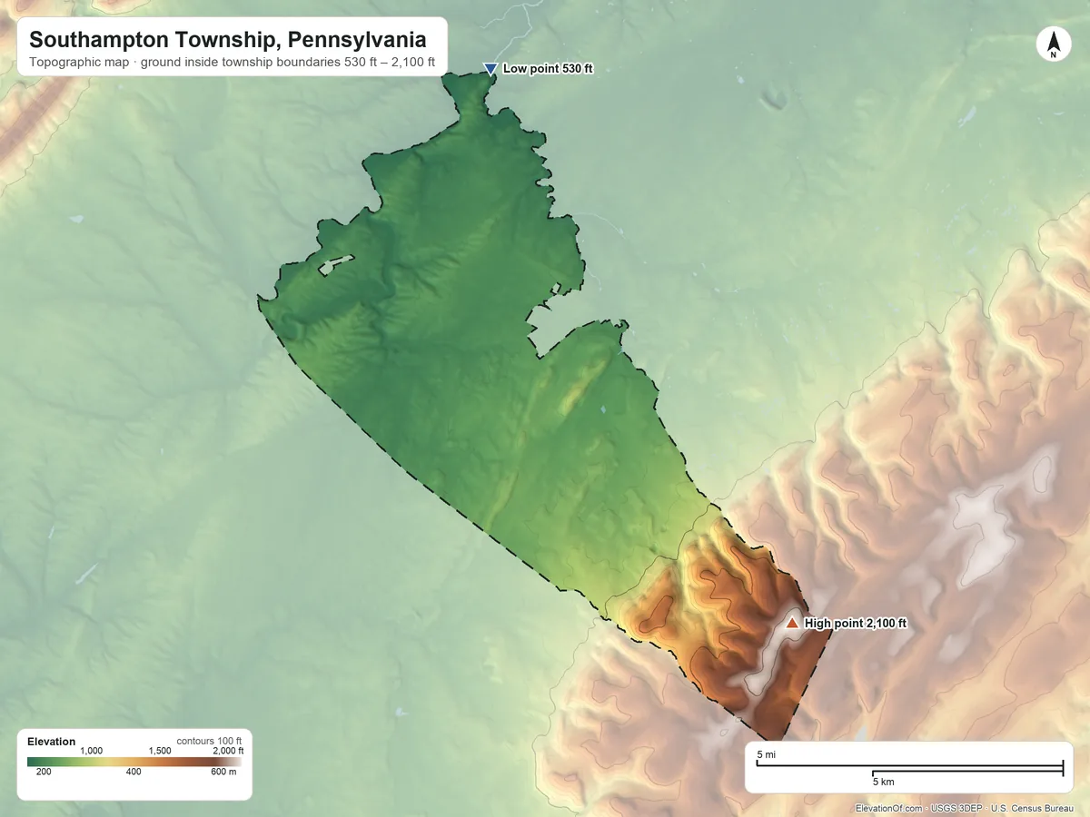 Topographic elevation map of Southampton Township, Pennsylvania, shaded from 530 ft on the north side to 2,100 ft on the southeast side