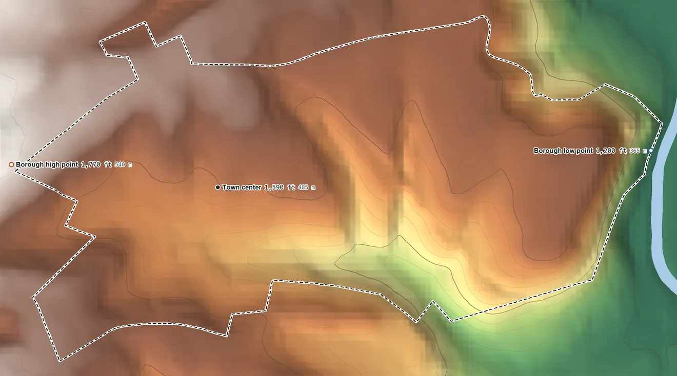 Topographic elevation map of Southmont, Pennsylvania, shaded from 1,200 ft on the east side to 1,770 ft on the west side