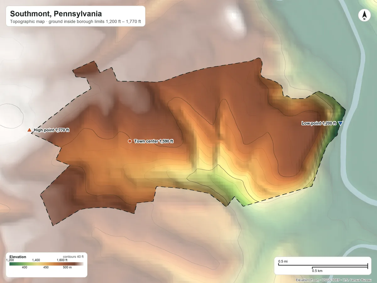 Topographic elevation map of Southmont, Pennsylvania, shaded from 1,200 ft on the east side to 1,770 ft on the west side