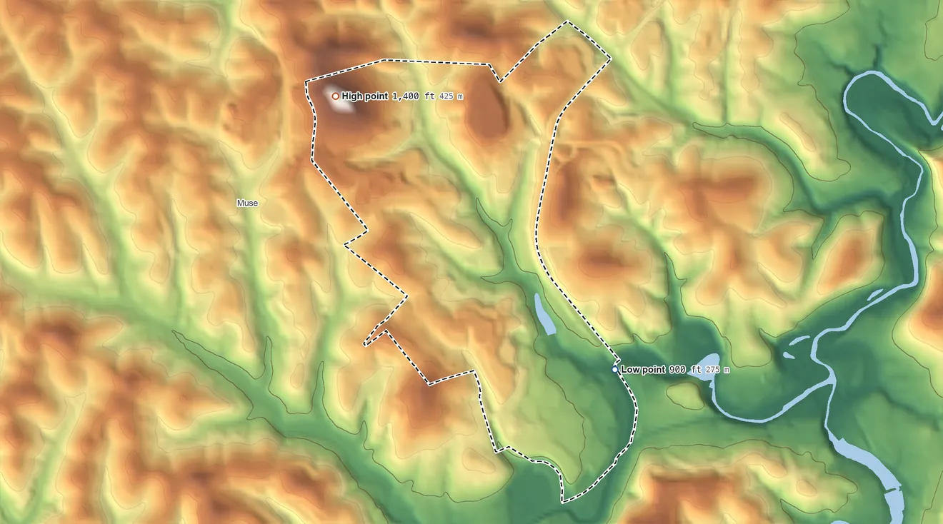 Topographic elevation map of Southpointe, Pennsylvania, shaded from 900 ft on the southeast side to 1,400 ft on the northwest side