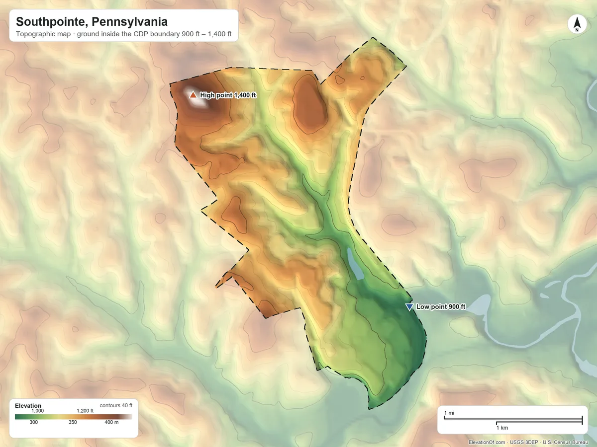 Topographic elevation map of Southpointe, Pennsylvania, shaded from 900 ft on the southeast side to 1,400 ft on the northwest side