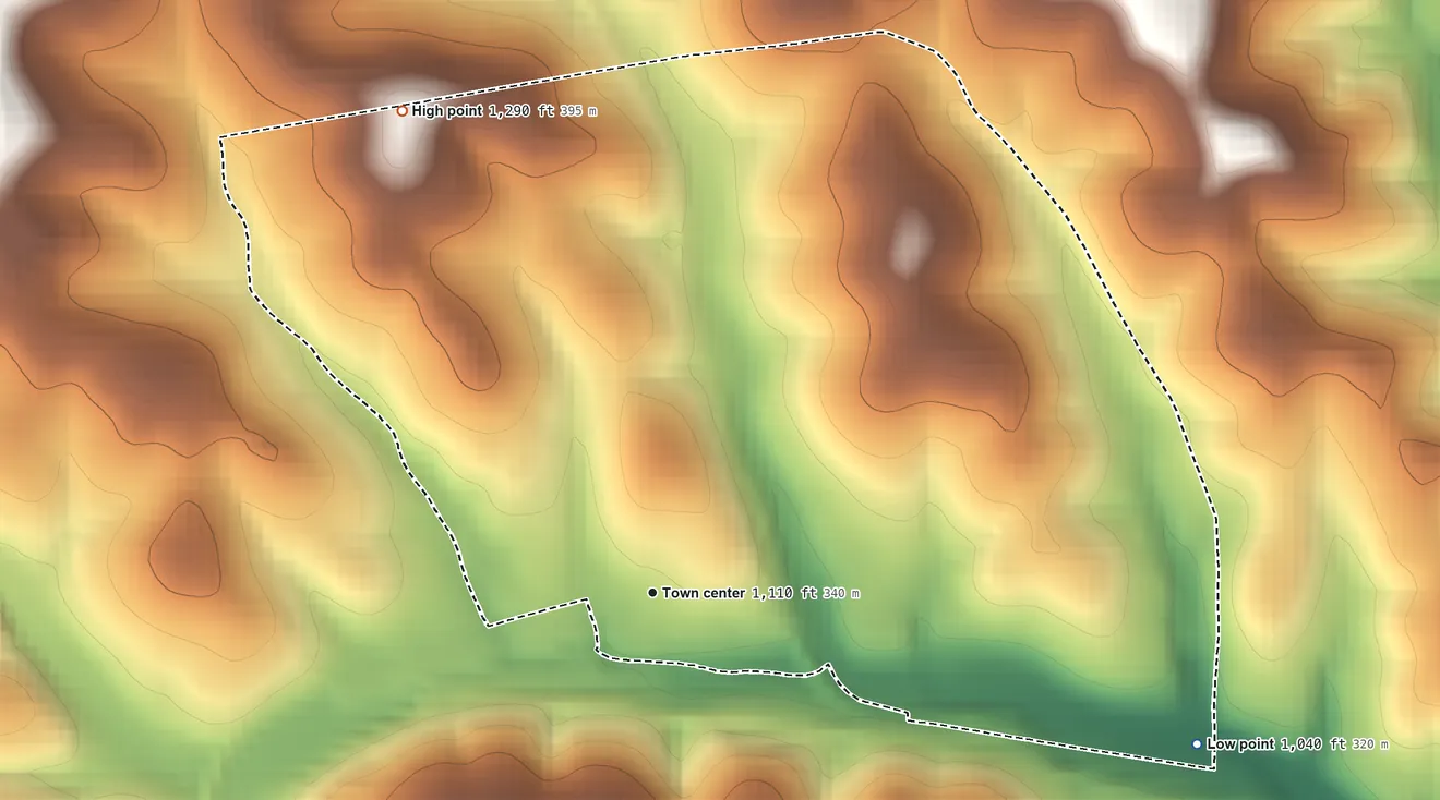 Topographic elevation map of Southview, Pennsylvania, shaded from 1,040 ft on the east side to 1,290 ft on the northwest side