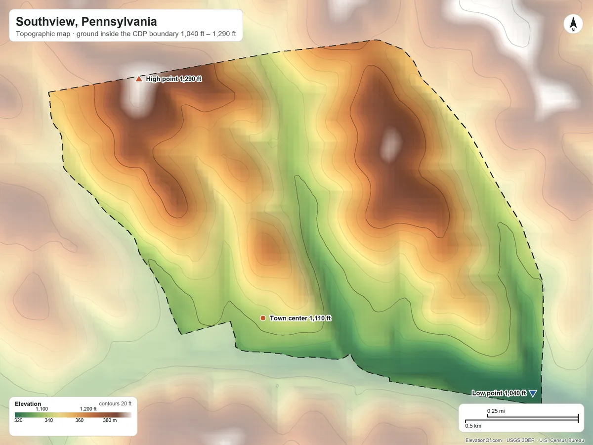 Topographic elevation map of Southview, Pennsylvania, shaded from 1,040 ft on the east side to 1,290 ft on the northwest side