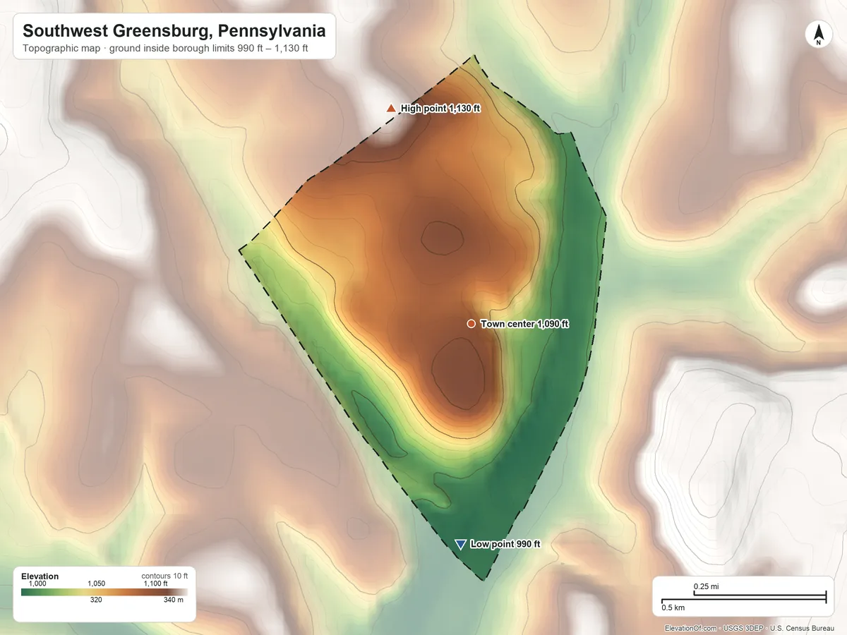 Topographic elevation map of Southwest Greensburg, Pennsylvania, shaded from 990 ft on the south side to 1,130 ft on the north side