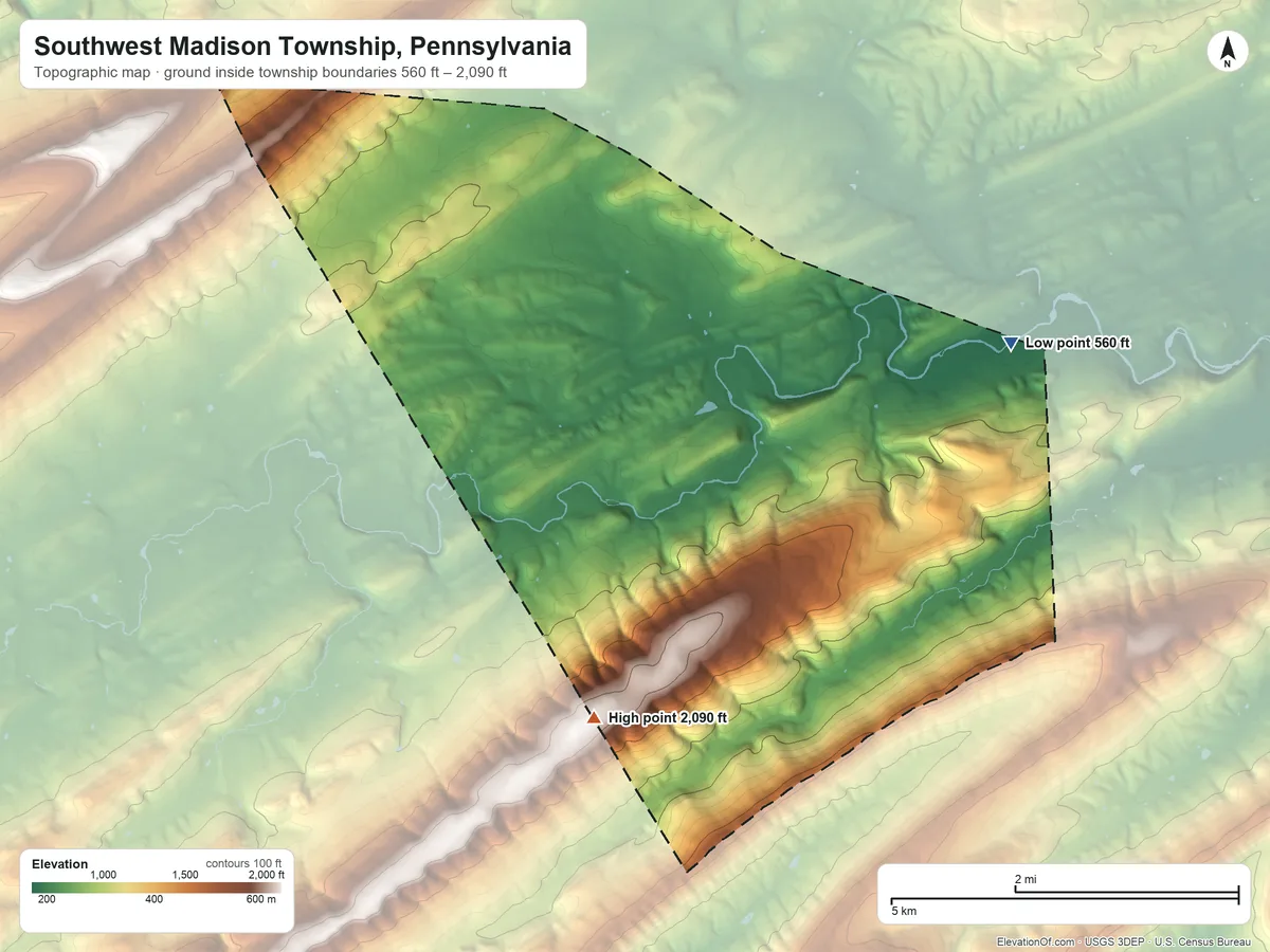 Topographic elevation map of Southwest Madison Township, Pennsylvania, shaded from 560 ft on the east side to 2,090 ft on the south edge, below higher ground just outside
