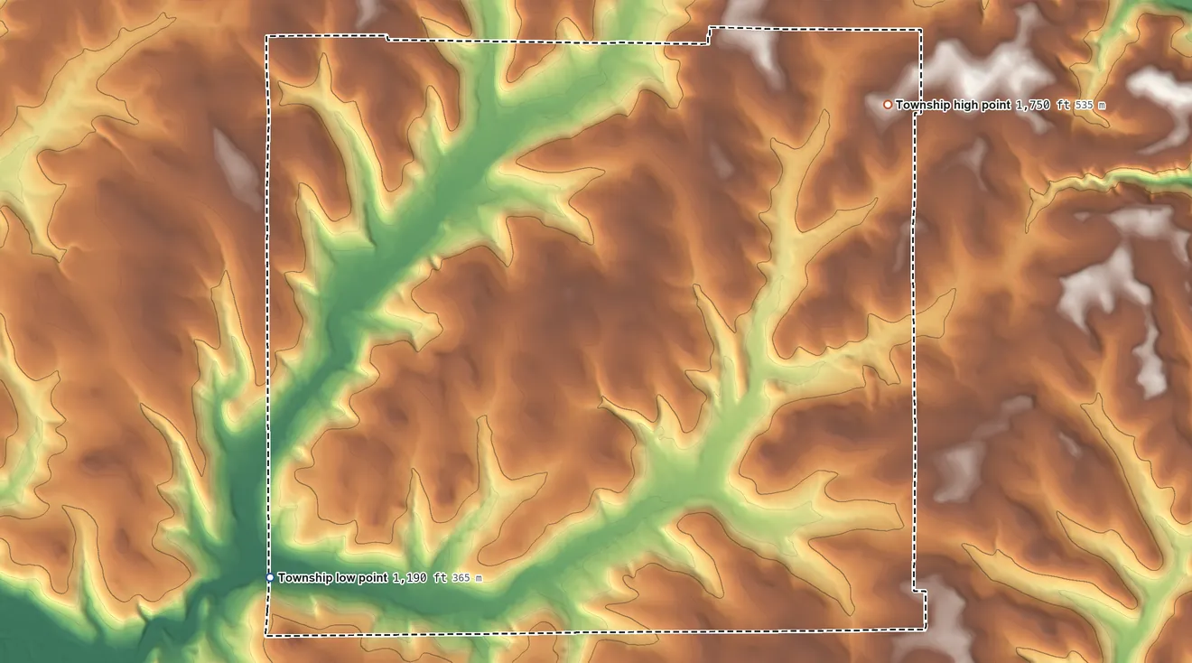 Topographic elevation map of Southwest Township, Pennsylvania, shaded from 1,190 ft on the southwest side to 1,750 ft on the northeast side