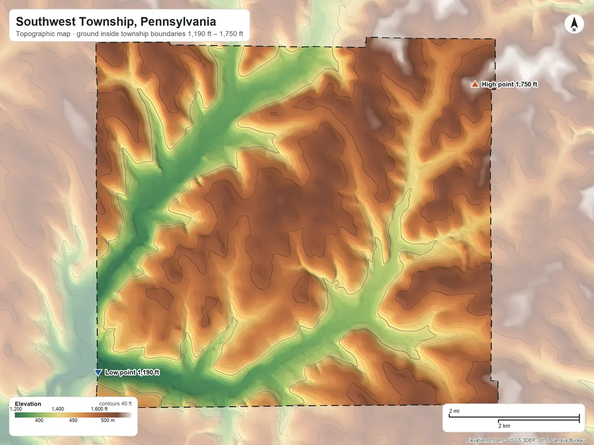 Topographic elevation map of Southwest Township, Pennsylvania, shaded from 1,190 ft on the southwest side to 1,750 ft on the northeast side