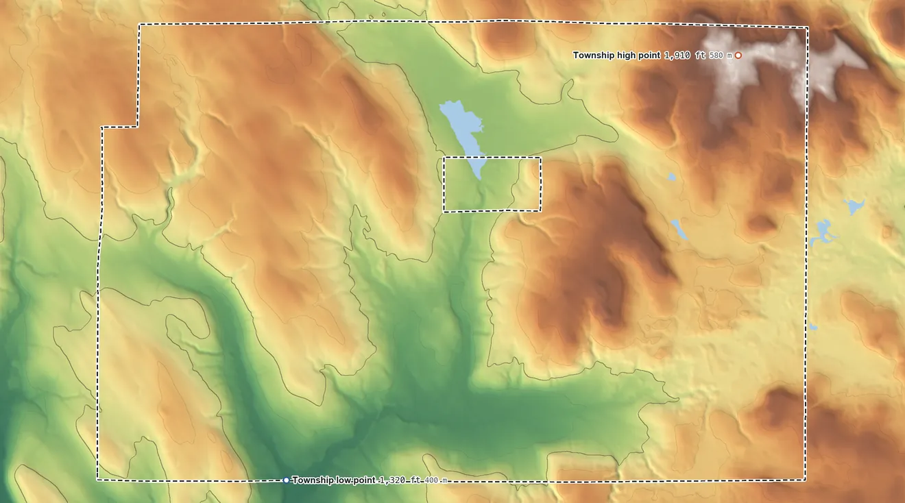 Topographic elevation map of Sparta Township, Pennsylvania, shaded from 1,320 ft on the southwest side to 1,910 ft on the northeast side
