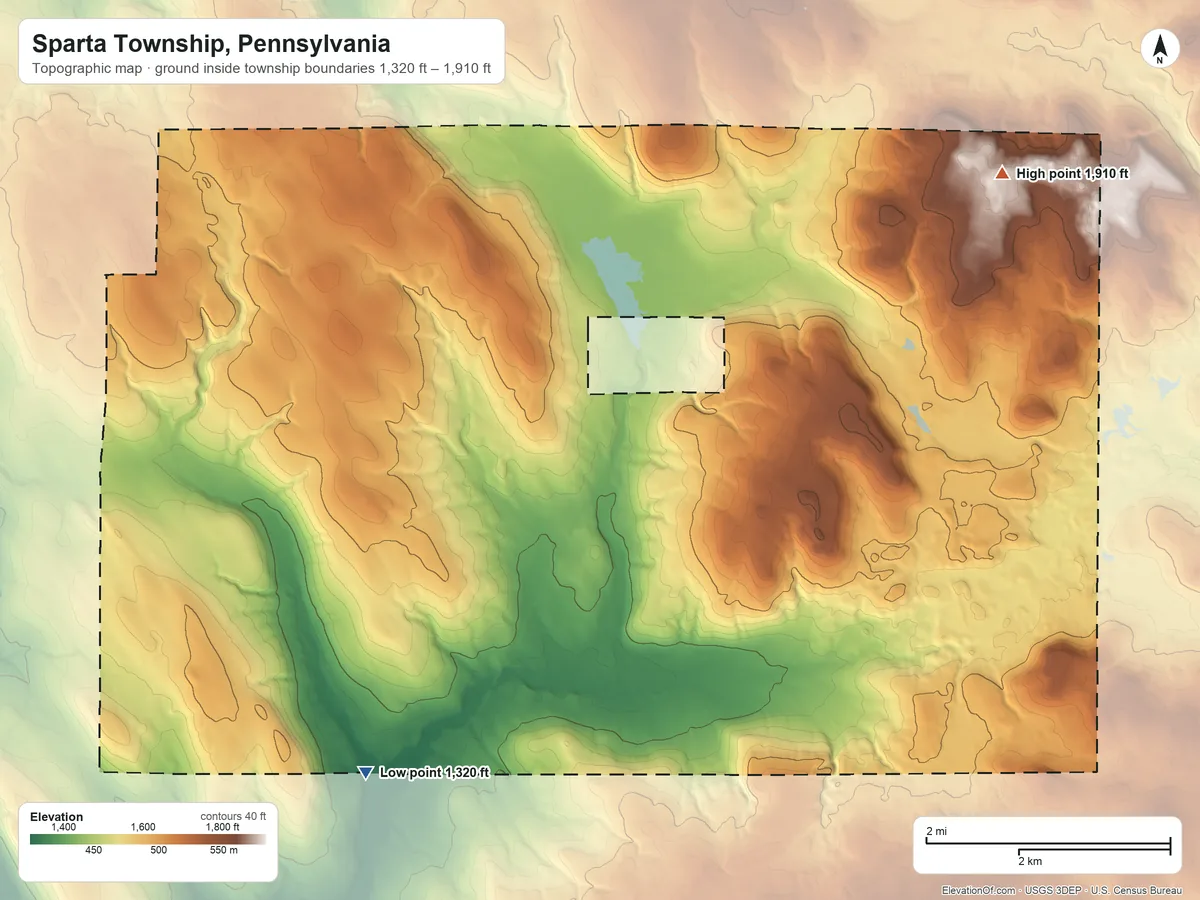 Topographic elevation map of Sparta Township, Pennsylvania, shaded from 1,320 ft on the southwest side to 1,910 ft on the northeast side