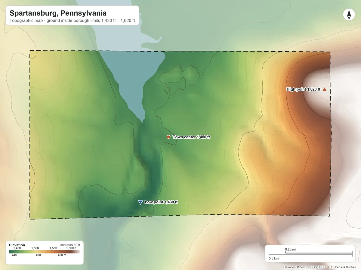 Topographic elevation map of Spartansburg, Pennsylvania, shaded from 1,430 ft on the southwest side to 1,620 ft on the east side