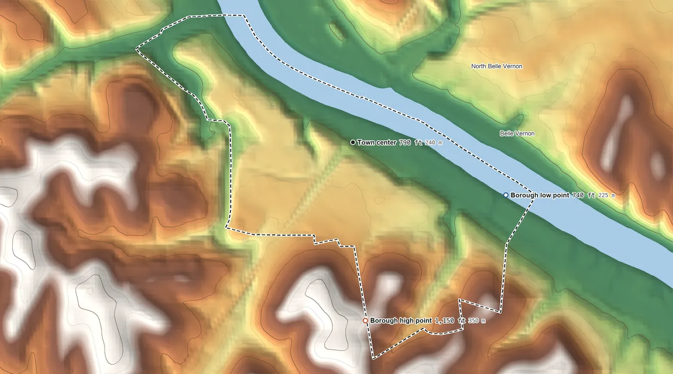 Topographic elevation map of Speers, Pennsylvania, shaded from 740 ft on the east side to 1,150 ft on the south side