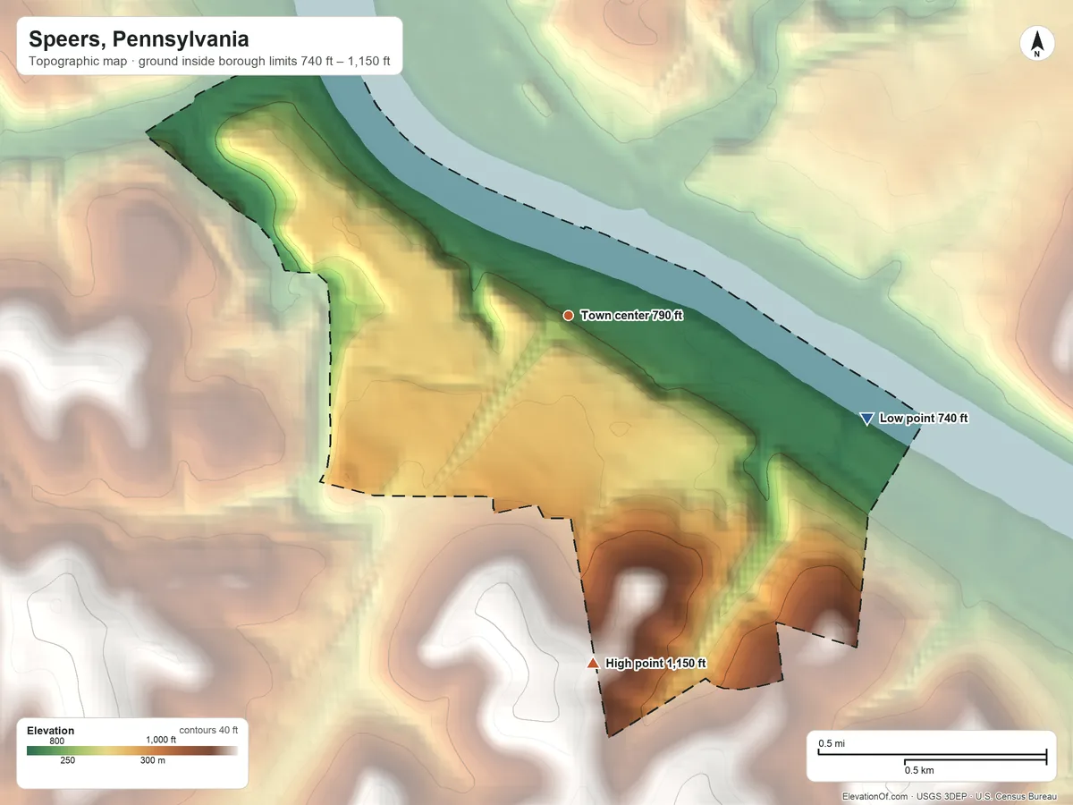 Topographic elevation map of Speers, Pennsylvania, shaded from 740 ft on the east side to 1,150 ft on the south side