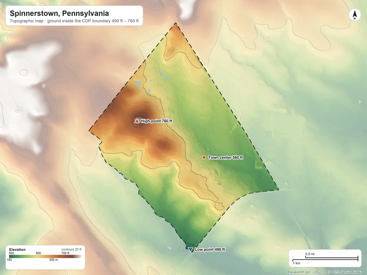 Topographic elevation map of Spinnerstown, Pennsylvania, shaded from 490 ft on the south side to 760 ft on the northwest side