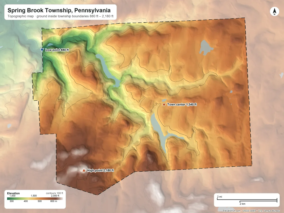 Topographic elevation map of Spring Brook Township, Pennsylvania, shaded from 880 ft on the northwest side to 2,180 ft on Big Shiney Mountain
