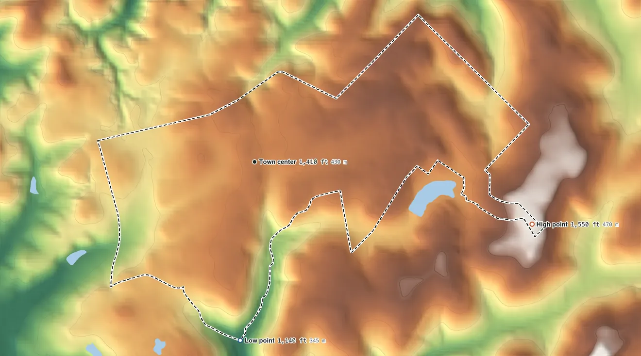 Topographic elevation map of Spring Church, Pennsylvania, shaded from 1,140 ft on the south side to 1,550 ft on the east side