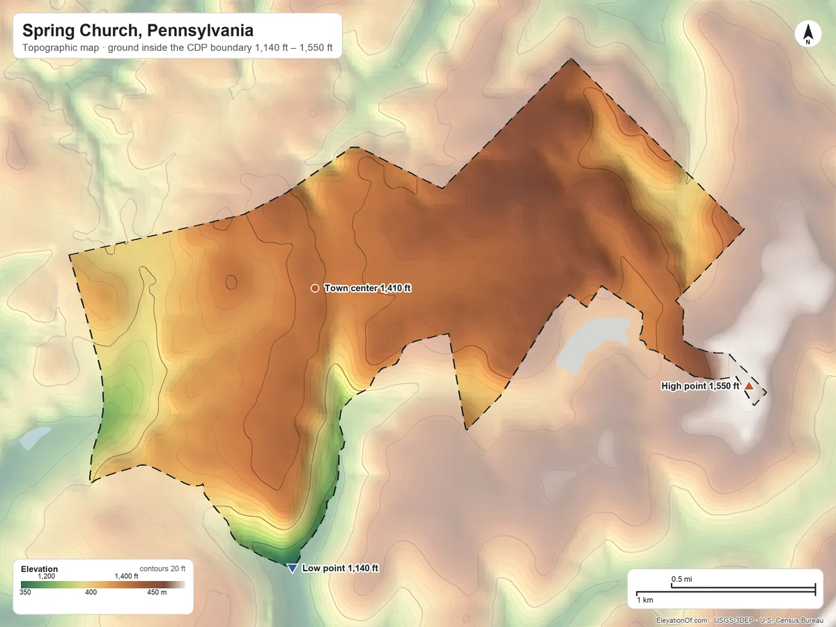 Topographic elevation map of Spring Church, Pennsylvania, shaded from 1,140 ft on the south side to 1,550 ft on the east side