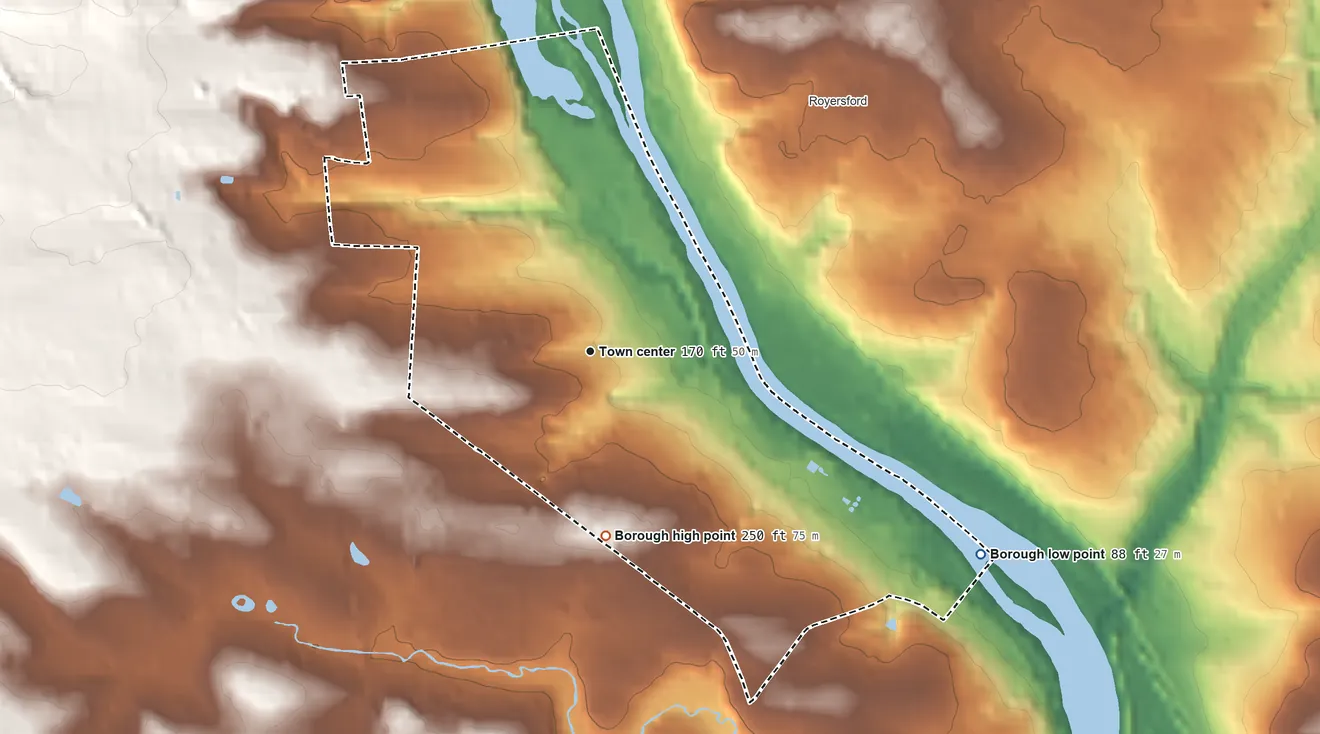 Topographic elevation map of Spring City, Pennsylvania, shaded from 88 ft on the southeast side to 250 ft on the south side