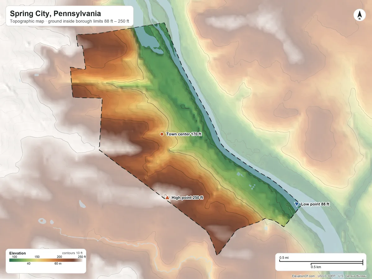 Topographic elevation map of Spring City, Pennsylvania, shaded from 88 ft on the southeast side to 250 ft on the south side