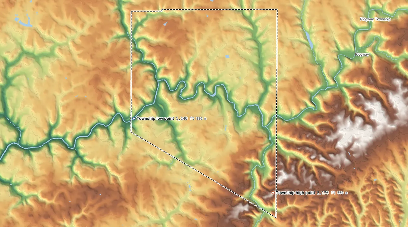 Topographic elevation map of Spring Creek Township, Elk County, Pennsylvania, shaded from 1,240 ft on the west side to 2,170 ft on the southeast side
