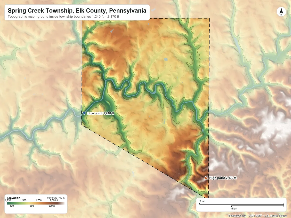 Topographic elevation map of Spring Creek Township, Elk County, Pennsylvania, shaded from 1,240 ft on the west side to 2,170 ft on the southeast side