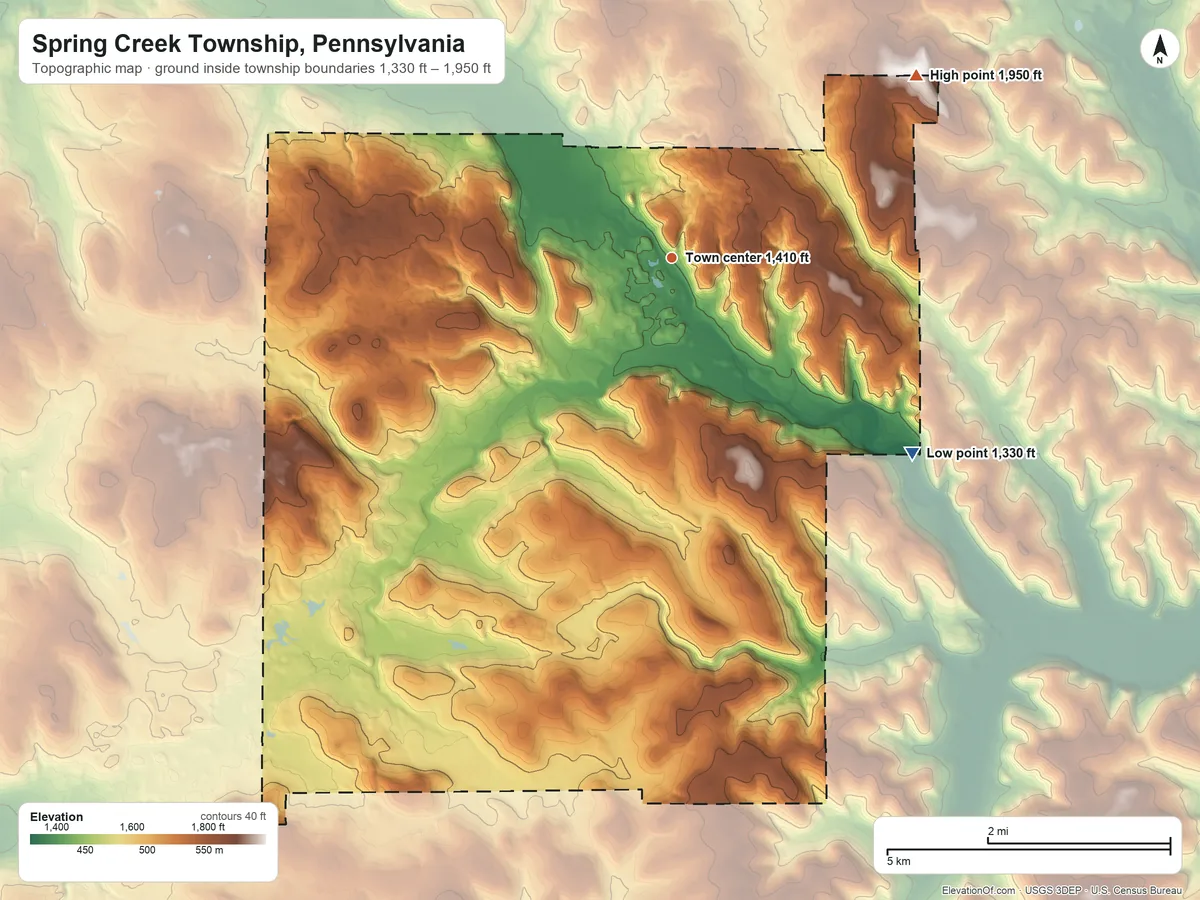 Topographic elevation map of Spring Creek Township, Pennsylvania, shaded from 1,330 ft on the southeast side to 1,950 ft on the northeast side