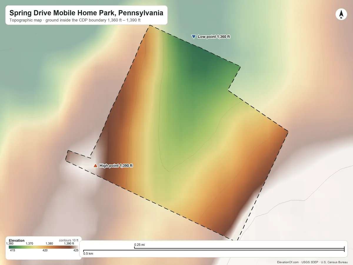 Topographic elevation map of Spring Drive Mobile Home Park, Pennsylvania, shaded from 1,360 ft on the north side to 1,390 ft on the west side