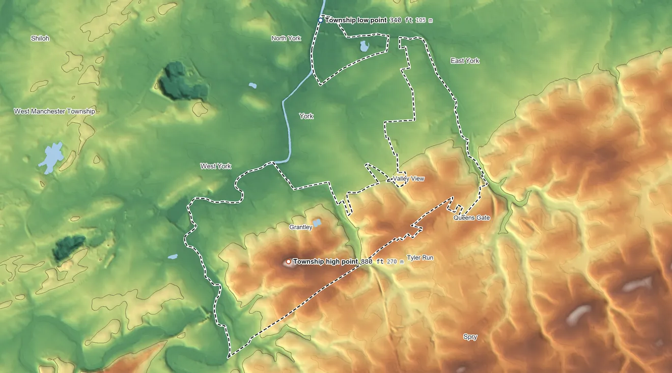 Topographic elevation map of Spring Garden Township, Pennsylvania, shaded from 340 ft on the north side to 880 ft on the southwest side