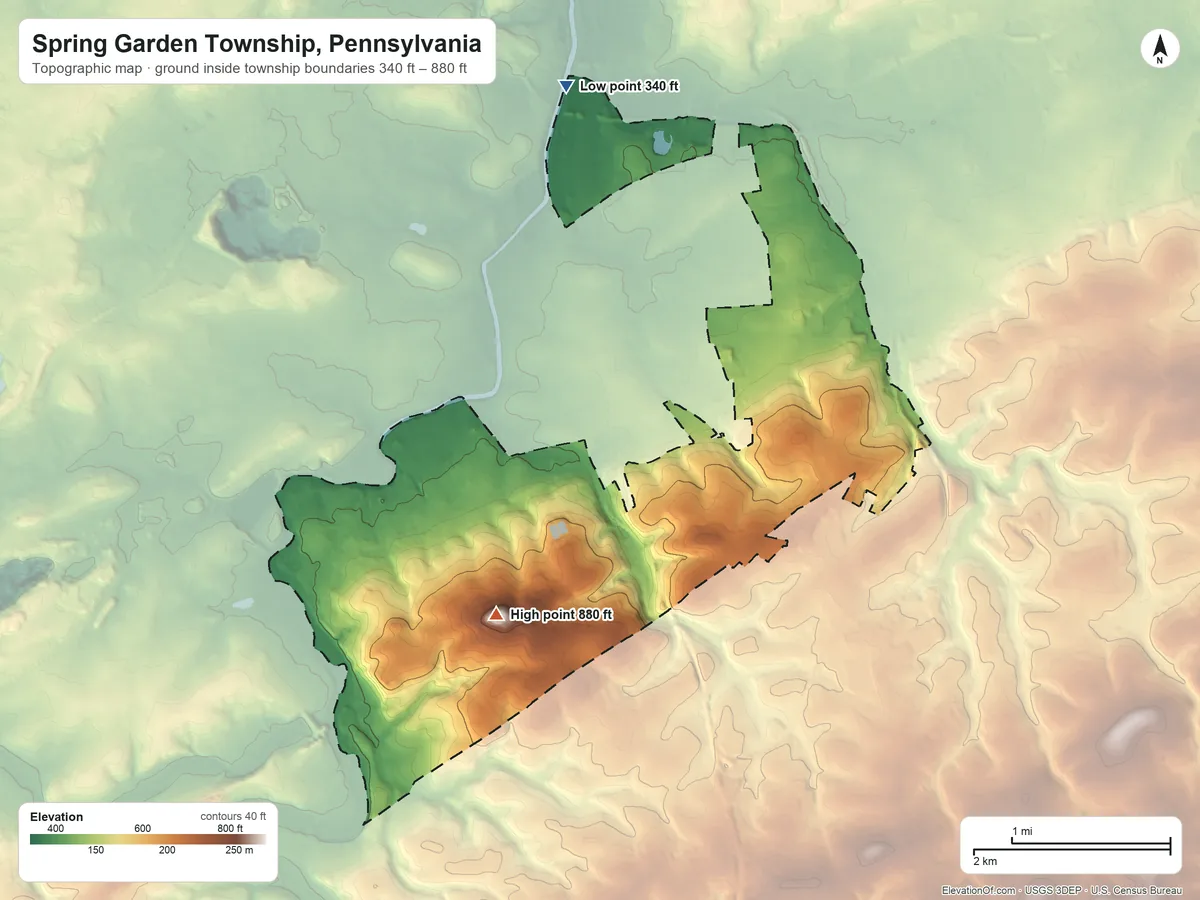 Topographic elevation map of Spring Garden Township, Pennsylvania, shaded from 340 ft on the north side to 880 ft on the southwest side
