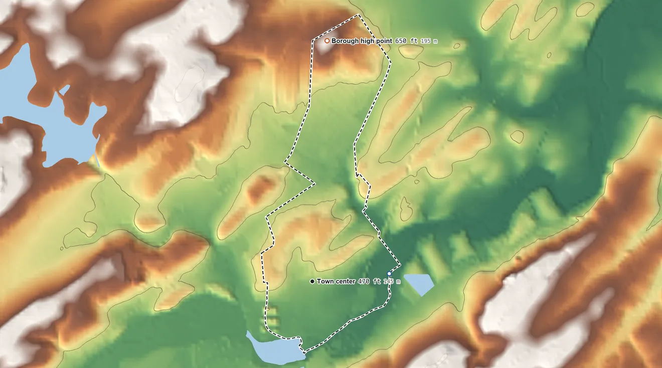 Topographic elevation map of Spring Grove, Pennsylvania, shaded from 430 ft on the east side to 650 ft on the north side
