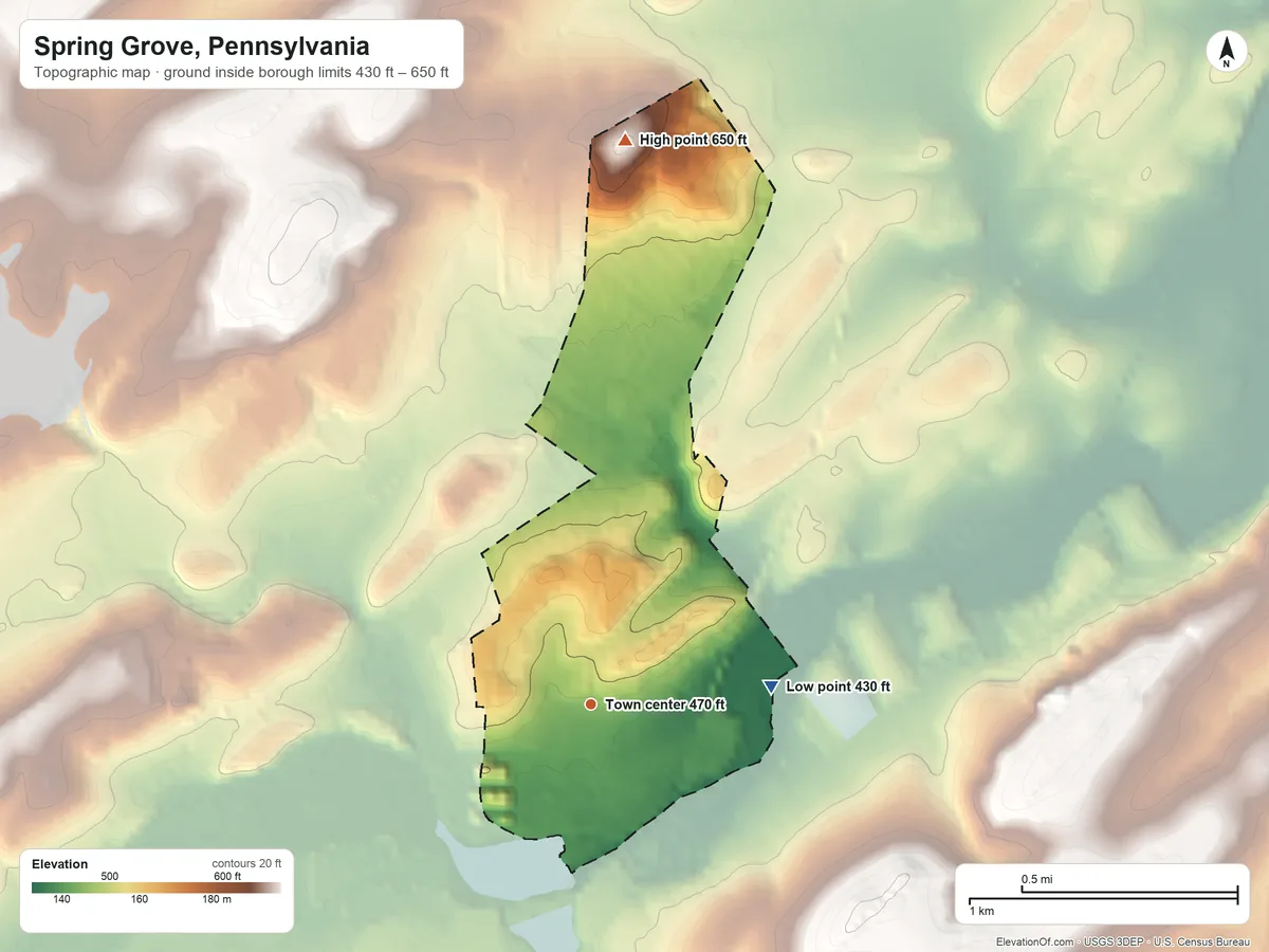 Topographic elevation map of Spring Grove, Pennsylvania, shaded from 430 ft on the east side to 650 ft on the north side