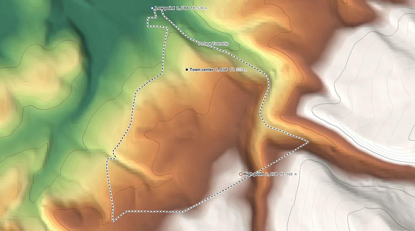 Topographic elevation map of Spring Hill, Pennsylvania, shaded from 1,700 ft on the northwest side to 2,170 ft on the southeast edge, below higher ground just outside
