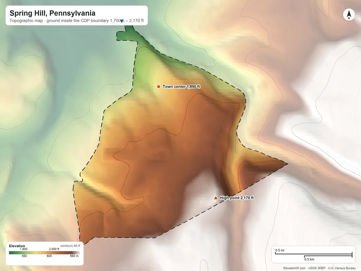Topographic elevation map of Spring Hill, Pennsylvania, shaded from 1,700 ft on the northwest side to 2,170 ft on the southeast edge, below higher ground just outside