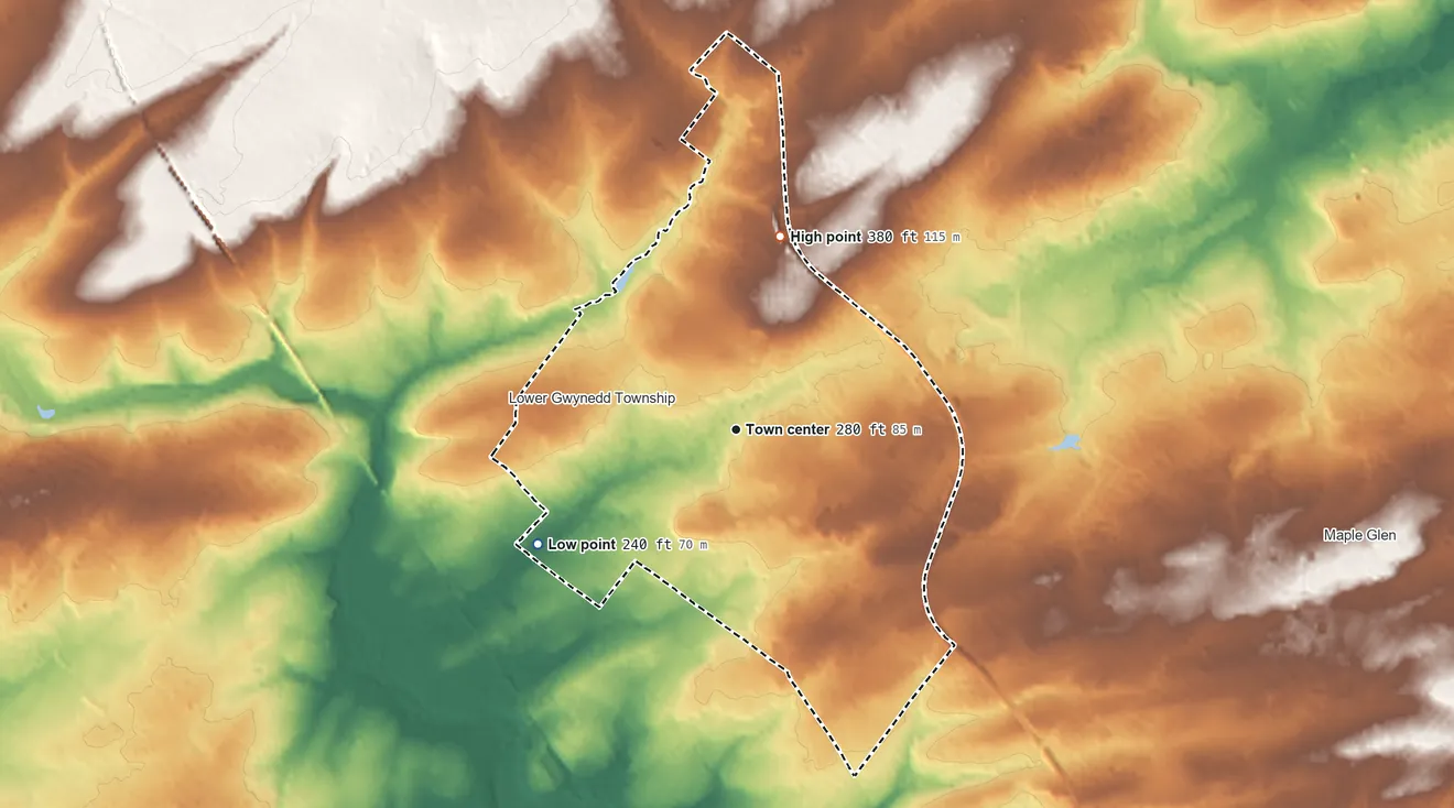 Topographic elevation map of Spring House, Pennsylvania, shaded from 240 ft on the southwest side to 380 ft on the north side