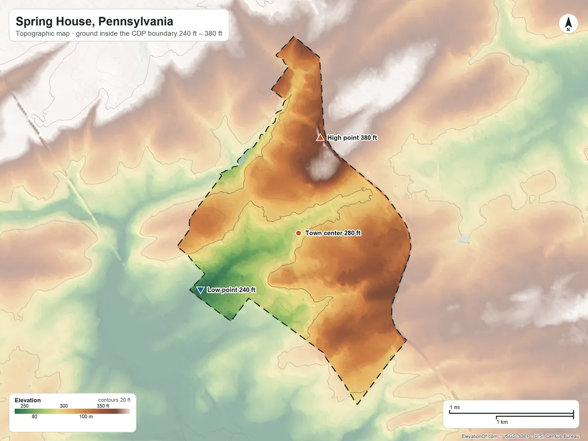 Topographic elevation map of Spring House, Pennsylvania, shaded from 240 ft on the southwest side to 380 ft on the north side
