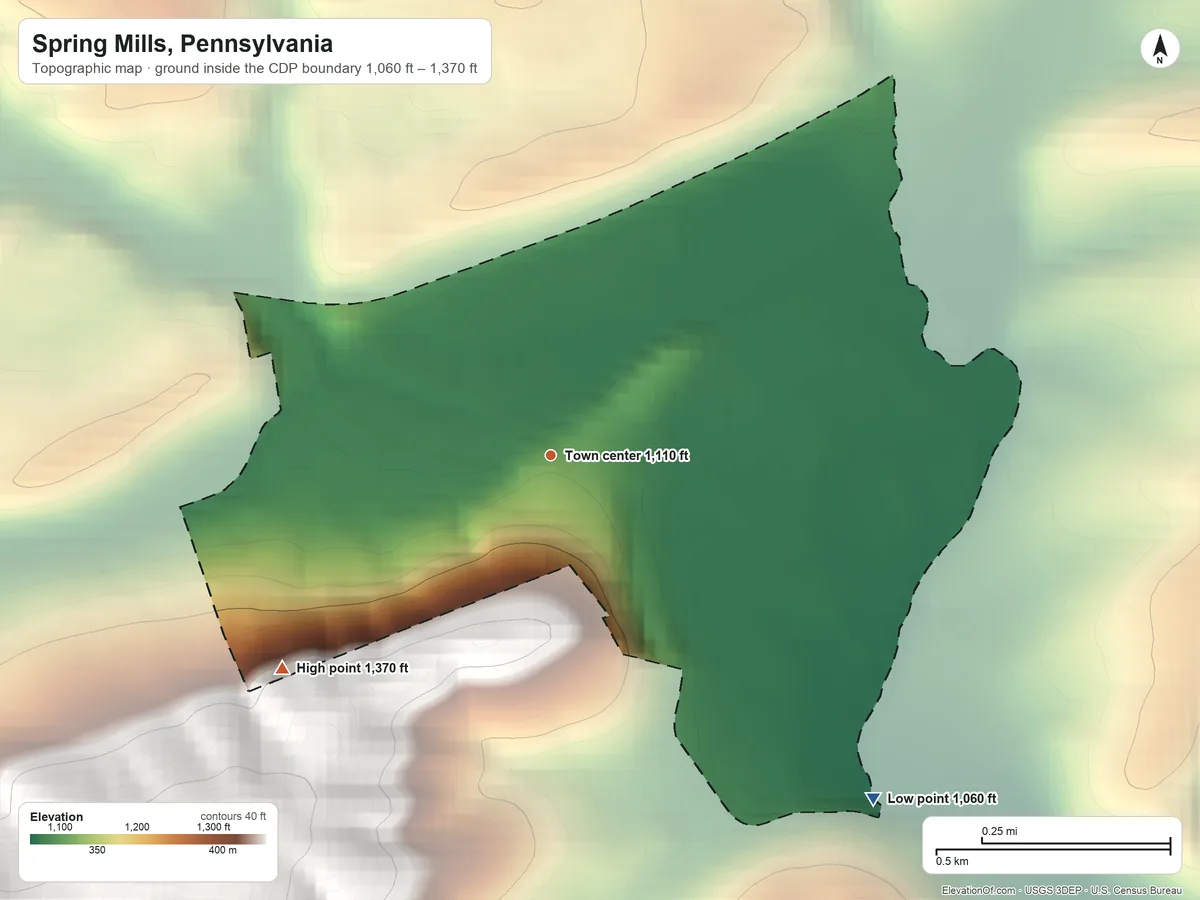 Topographic elevation map of Spring Mills, Pennsylvania, shaded from 1,060 ft on the southeast side to 1,370 ft at the foot of the Jacks Mountain