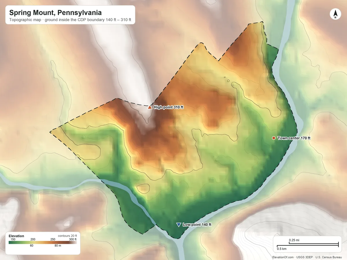 Topographic elevation map of Spring Mount, Pennsylvania, shaded from 140 ft on the southwest side to 310 ft on the west side