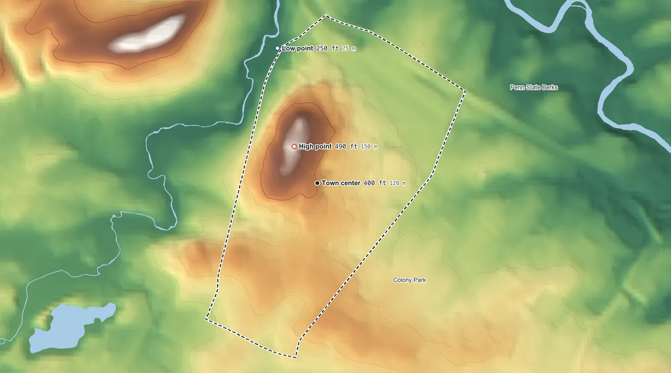 Topographic elevation map of Spring Ridge, Pennsylvania, shaded from 250 ft on the north side to 490 ft on the northwest side