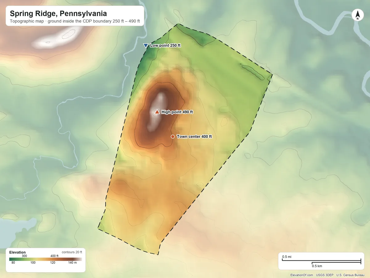 Topographic elevation map of Spring Ridge, Pennsylvania, shaded from 250 ft on the north side to 490 ft on the northwest side