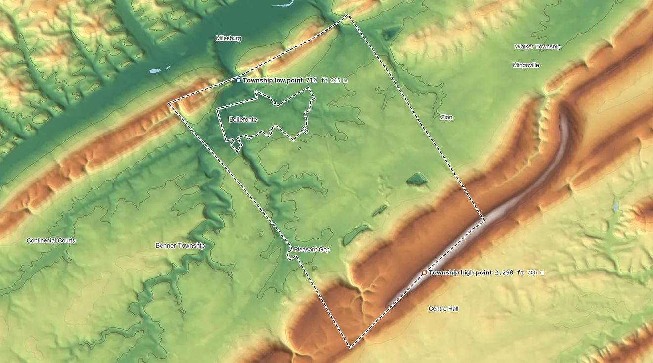 Topographic elevation map of Spring Township, Centre County, Pennsylvania, shaded from 710 ft on the northwest side to 2,290 ft on the southeast side