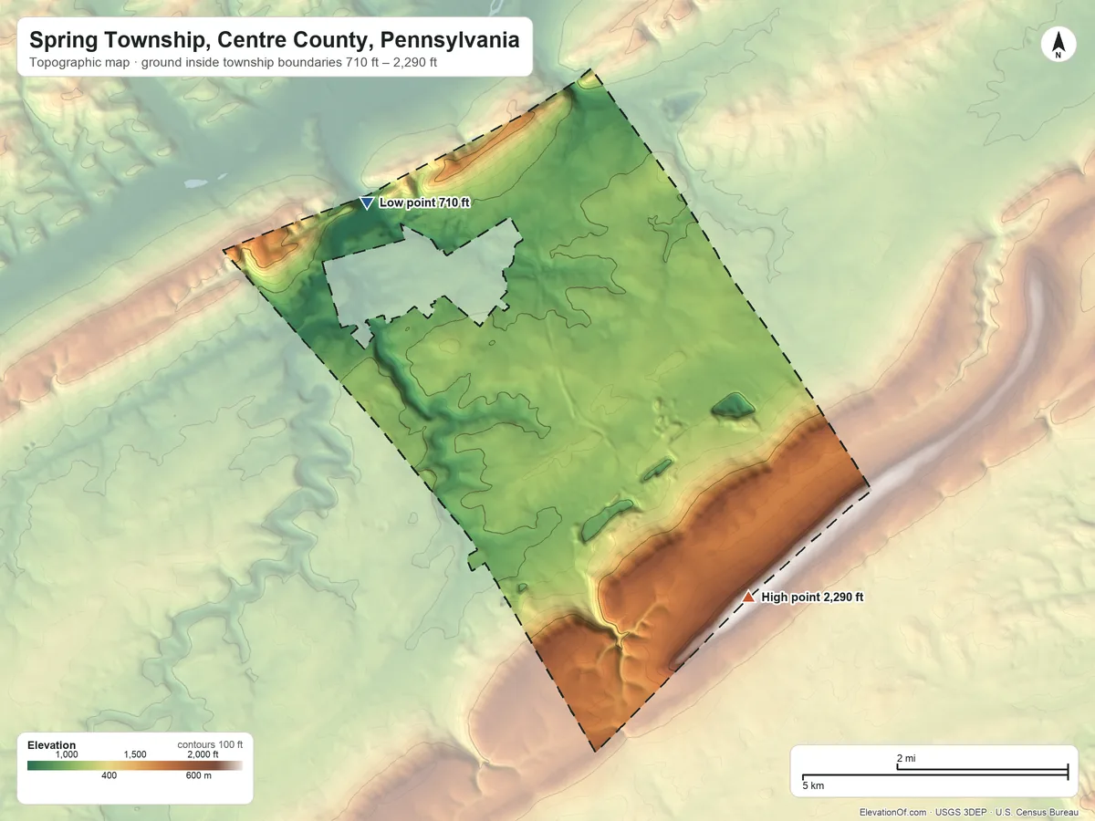 Topographic elevation map of Spring Township, Centre County, Pennsylvania, shaded from 710 ft on the northwest side to 2,290 ft on the southeast side