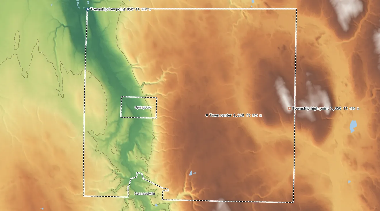 Topographic elevation map of Spring Township, Crawford County, Pennsylvania, shaded from 850 ft on the northwest side to 1,350 ft on the east side