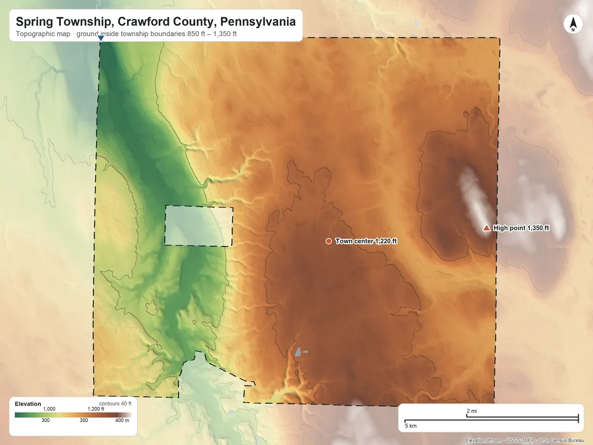 Topographic elevation map of Spring Township, Crawford County, Pennsylvania, shaded from 850 ft on the northwest side to 1,350 ft on the east side