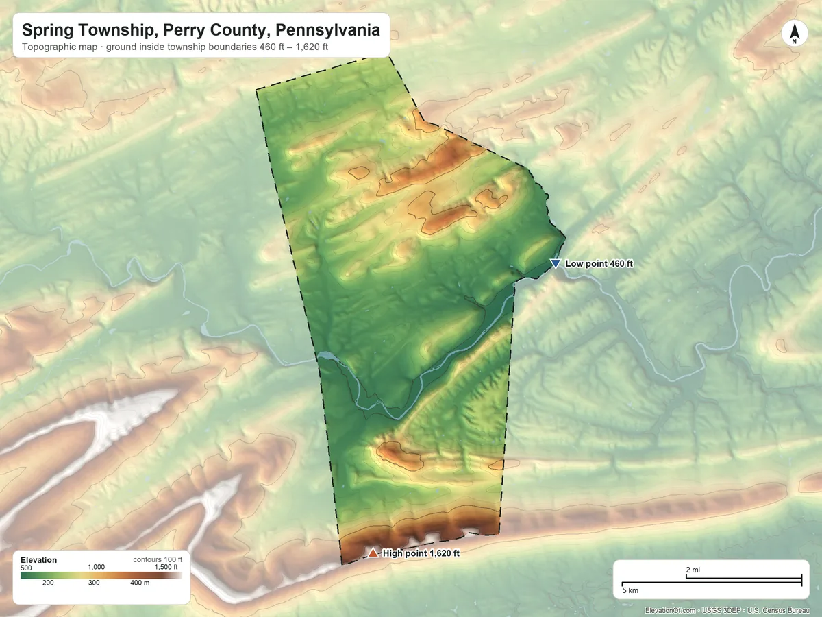 Topographic elevation map of Spring Township, Perry County, Pennsylvania, shaded from 460 ft on the east side to 1,620 ft on the south side