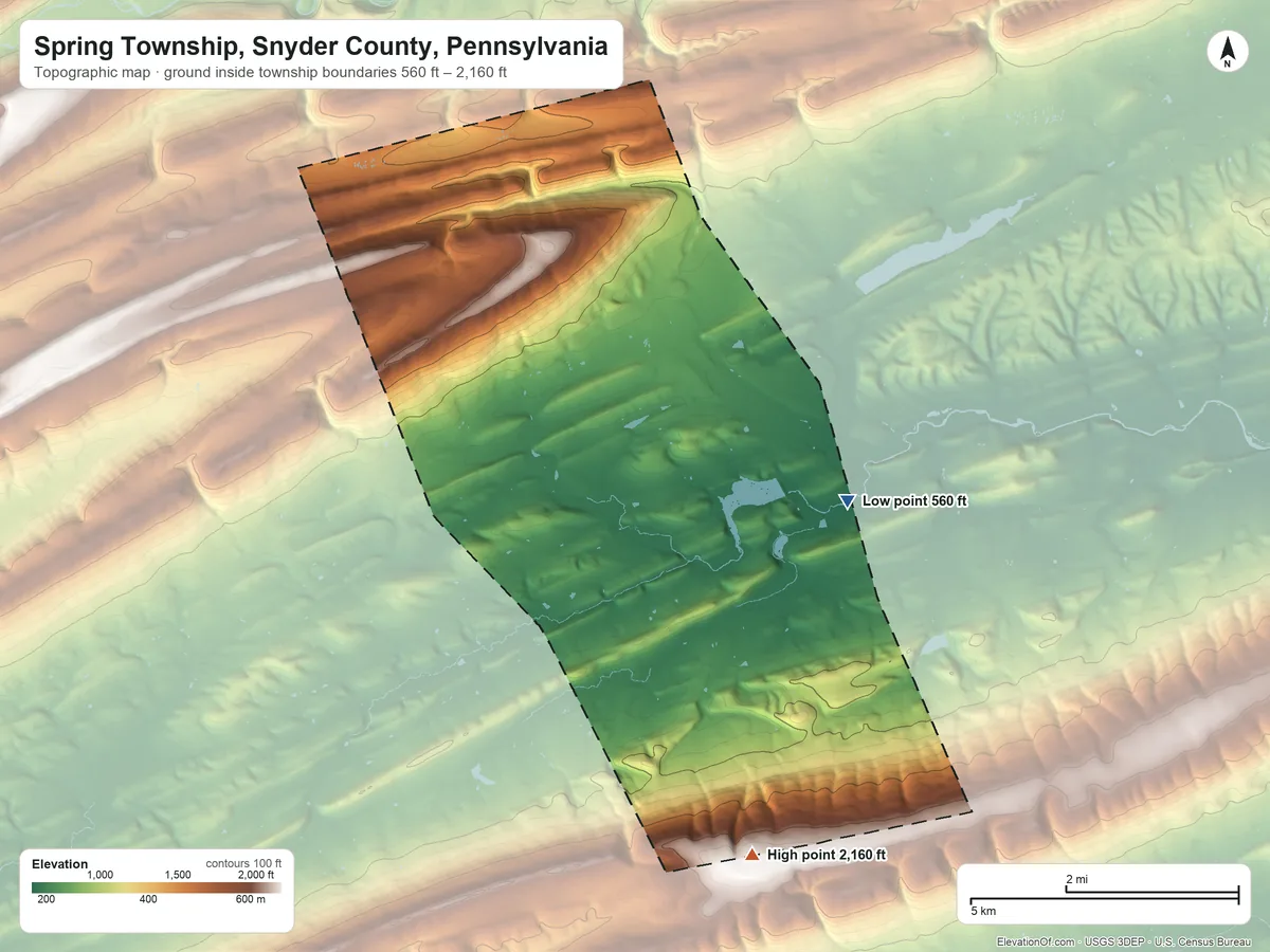 Topographic elevation map of Spring Township, Snyder County, Pennsylvania, shaded from 560 ft on the east side to 2,160 ft on the south side